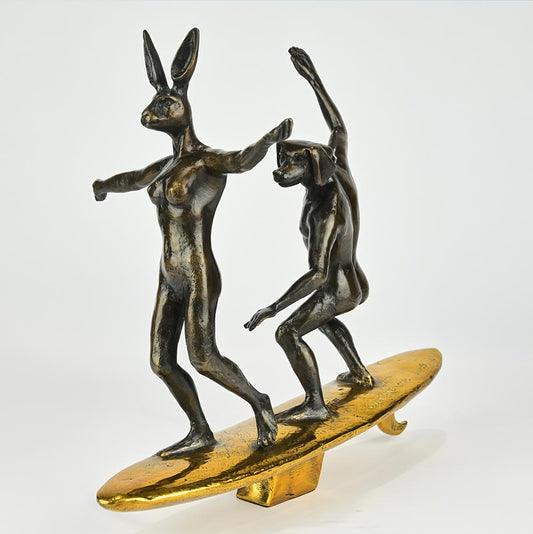 Gillie and Marc, They Surfed a Pipeline Together, Bronze Sculpture with Gold Patina #12/100