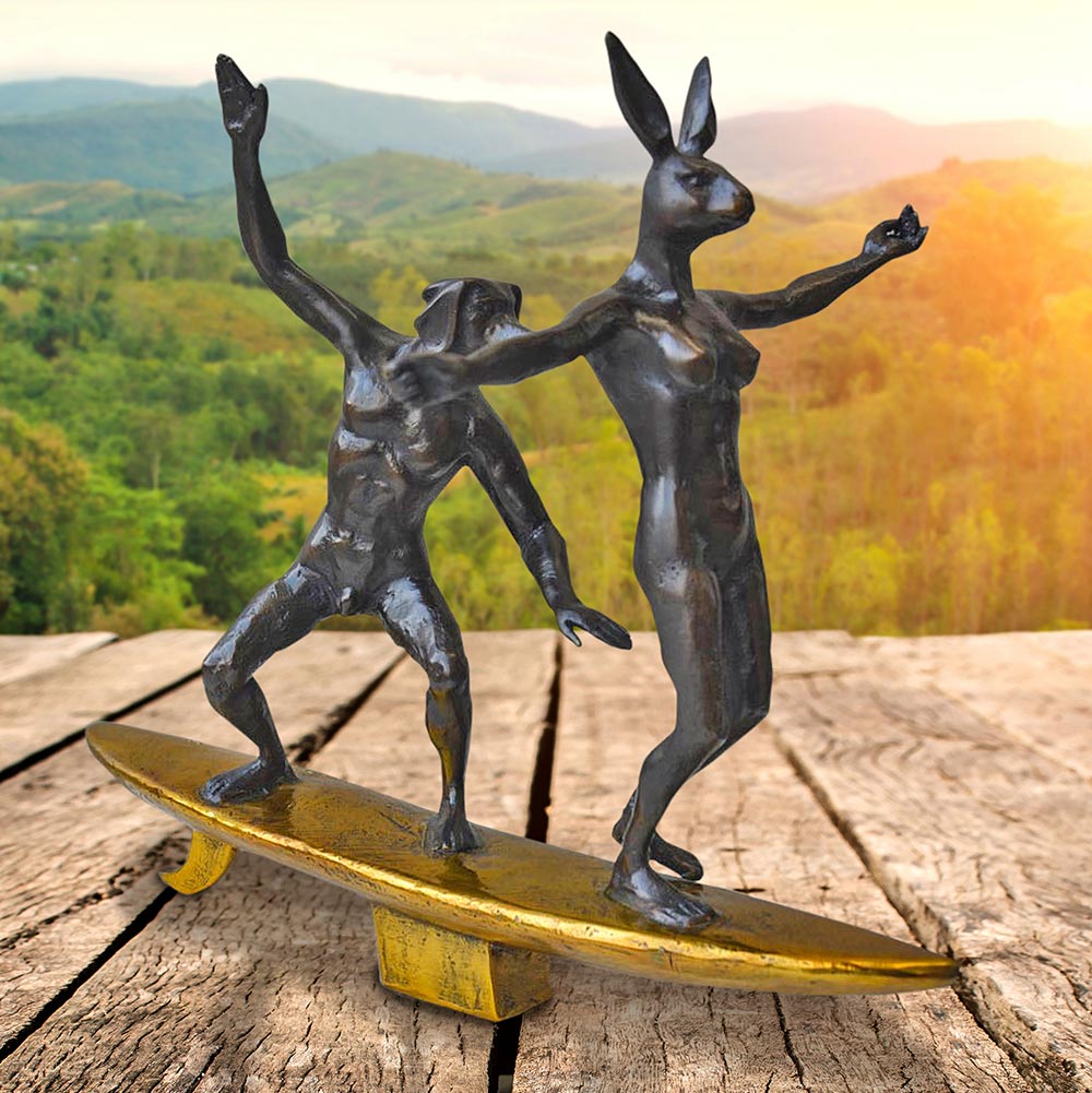 Gillie and Marc, They Surfed a Pipeline Together, Bronze Sculpture with Gold Patina #12/100