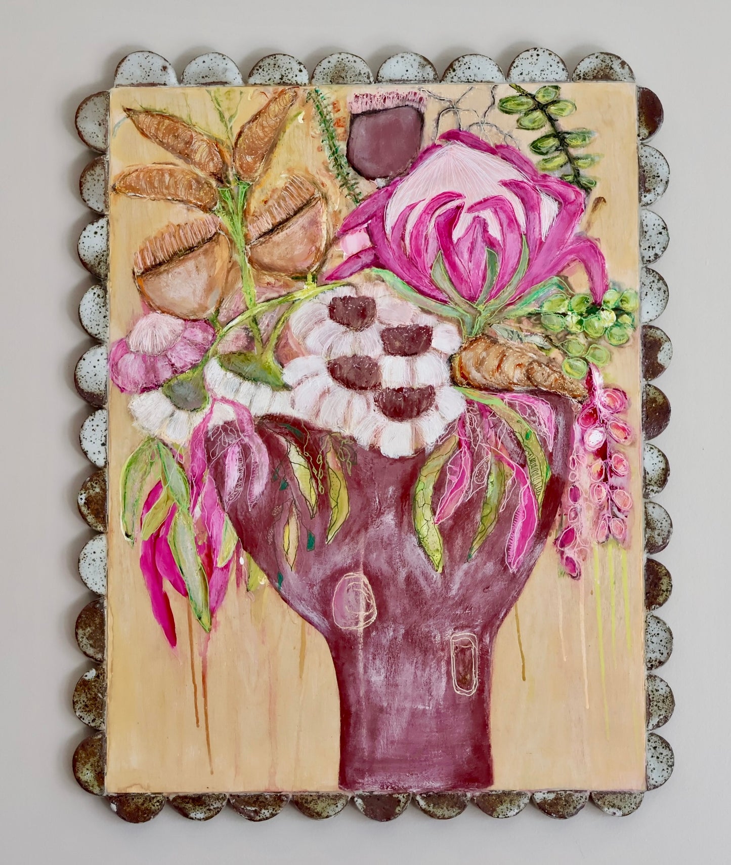 Shellie Christian, Drawn in Nature, Mixed Media on Board -handmade ceramic frame