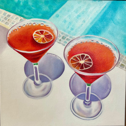 Jen Tucker, Cocktails by the Pool, Oil on Canvas,  Oak Float Frame