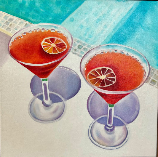 Jen Tucker, Cocktails by the Pool, Oil on Canvas,  Oak Float Frame