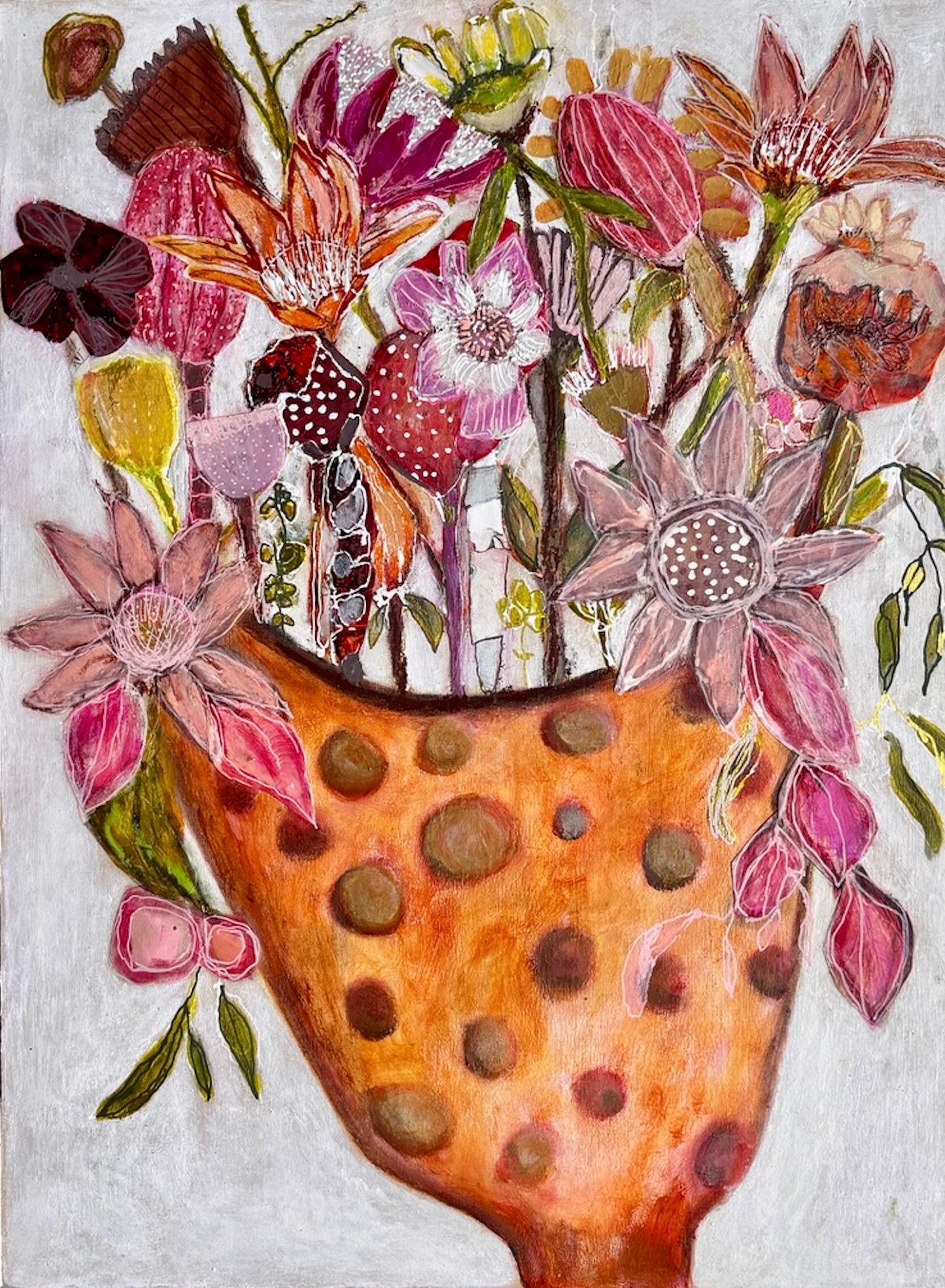 Shellie Christian, Wild Blooms, Mixed Media on Board -handmade ceramic frame