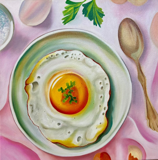 Jen Tucker, Egg & Spoon, Oil on Canvas,  Oak Float Frame