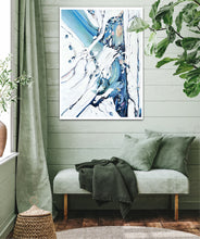 Load image into Gallery viewer, Abstract oil painting on a white background in blue, aqua and turquoise. In situ on a green panelled wall.

