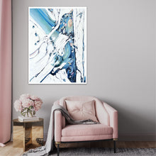 Load image into Gallery viewer, Abstract oil painting on a white background in blue, aqua and turquoise. In situ on a grey wall.
