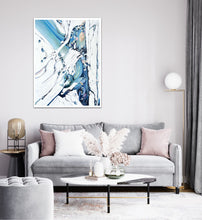 Load image into Gallery viewer, Abstract oil painting on a white background in blue, aqua and turquoise. In situ on a pale grey wall.
