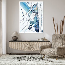 Load image into Gallery viewer, Abstract oil painting on a white background in blue, aqua and turquoise. In situ on a taupe wall.
