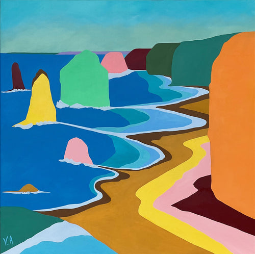 The twelve Apostles on the Great Ocean Road shown in a stylised multicoloured painting, Victoria, Australia.