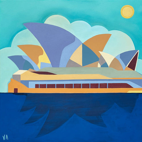 Multicoloured view of the Sydney Opera House with its sails reflected tin the sapphire blue of Sydney Harbour.
