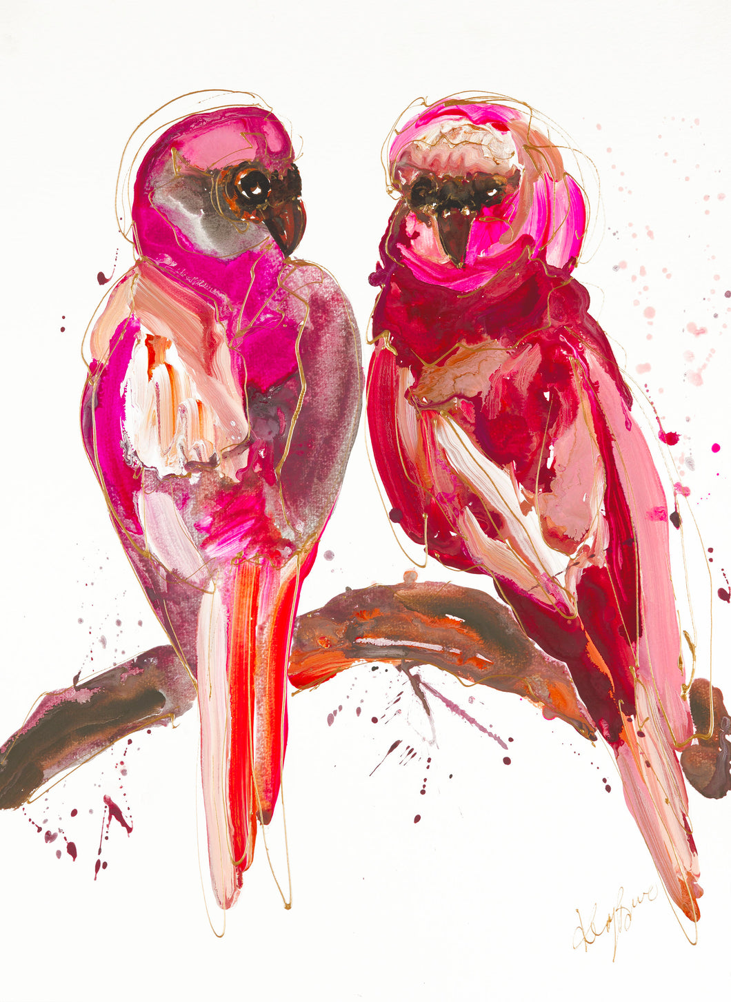 Two birds in shades of hot pink and pale pink, sitting on a branch, painted in abstract style.