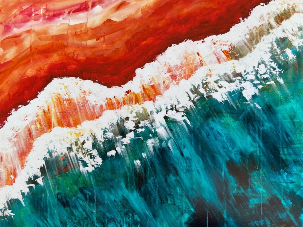 Waves breaking onto the shore painted in orange and turquoise.