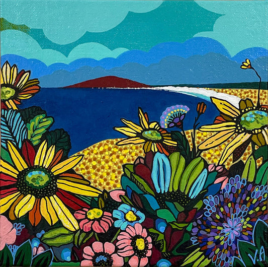 Colourful painting of a sapphire blue ocean, a mountain in the background and multi-coloured blooms in the foreground.