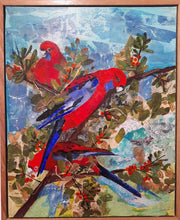 Load image into Gallery viewer, Pair of crimson Rosella in glorious colour, sitting in a tree, framed inn Tasmanian Oak.
