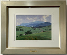 Load image into Gallery viewer, Gerringong&#39;s emerald green hills with a track winding through the hills. Framed view.
