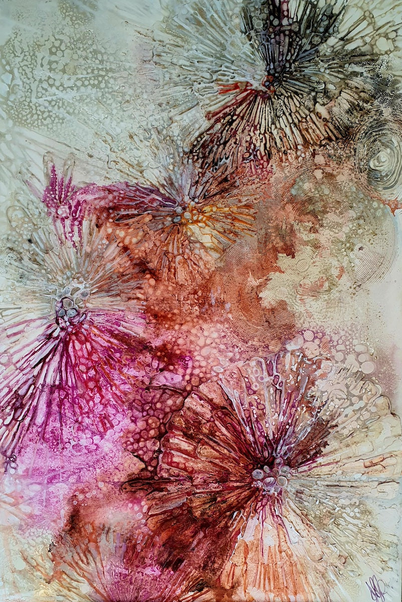 Underwater scene painted in oil on canvas with shades of pink, natural and orange.