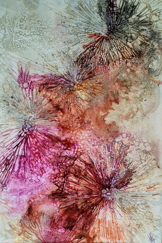 Underwater scene painted in oil on canvas with shades of pink, natural and orange.