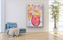 Load image into Gallery viewer, Pastel coloured wildflowers in a hot pink vase. In situ on a white wall.
