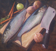 Load image into Gallery viewer, Preparations for a meal with two fish, onions and carrots on a chopping board next to a cleaver.
