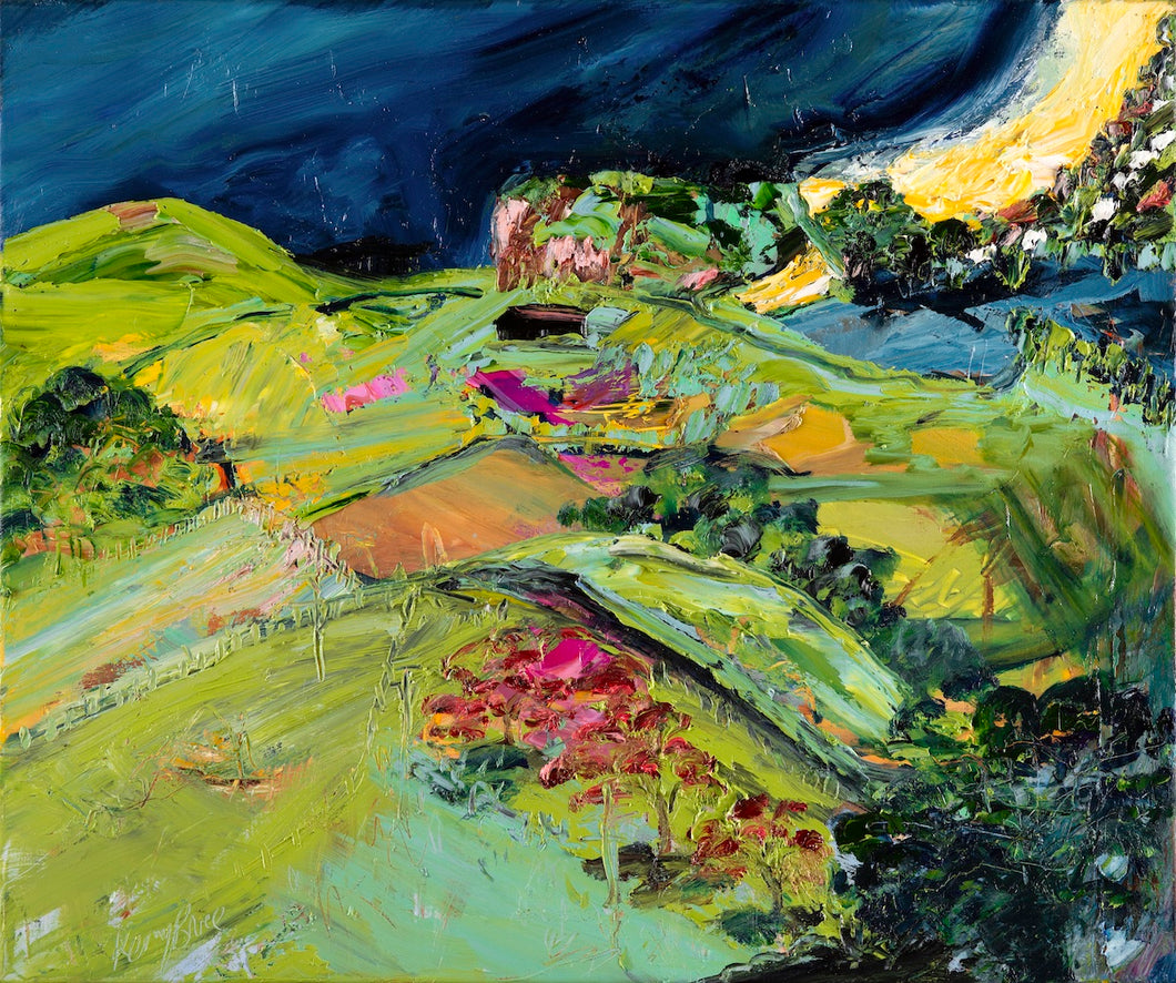 Colourful abstract painting of the coastal farmland and headland looking towards Gerringong Beach NSW South Coast.
