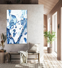 Load image into Gallery viewer, Abstract oil painting on a white background in blue and aqua. In situ on a dividing wall.
