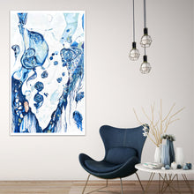 Load image into Gallery viewer, Abstract oil painting on a white background in blue and aqua. In situ on sitting room wall.

