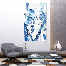 Load image into Gallery viewer, Abstract oil painting on a white background in blue and aqua. In situ on wall.
