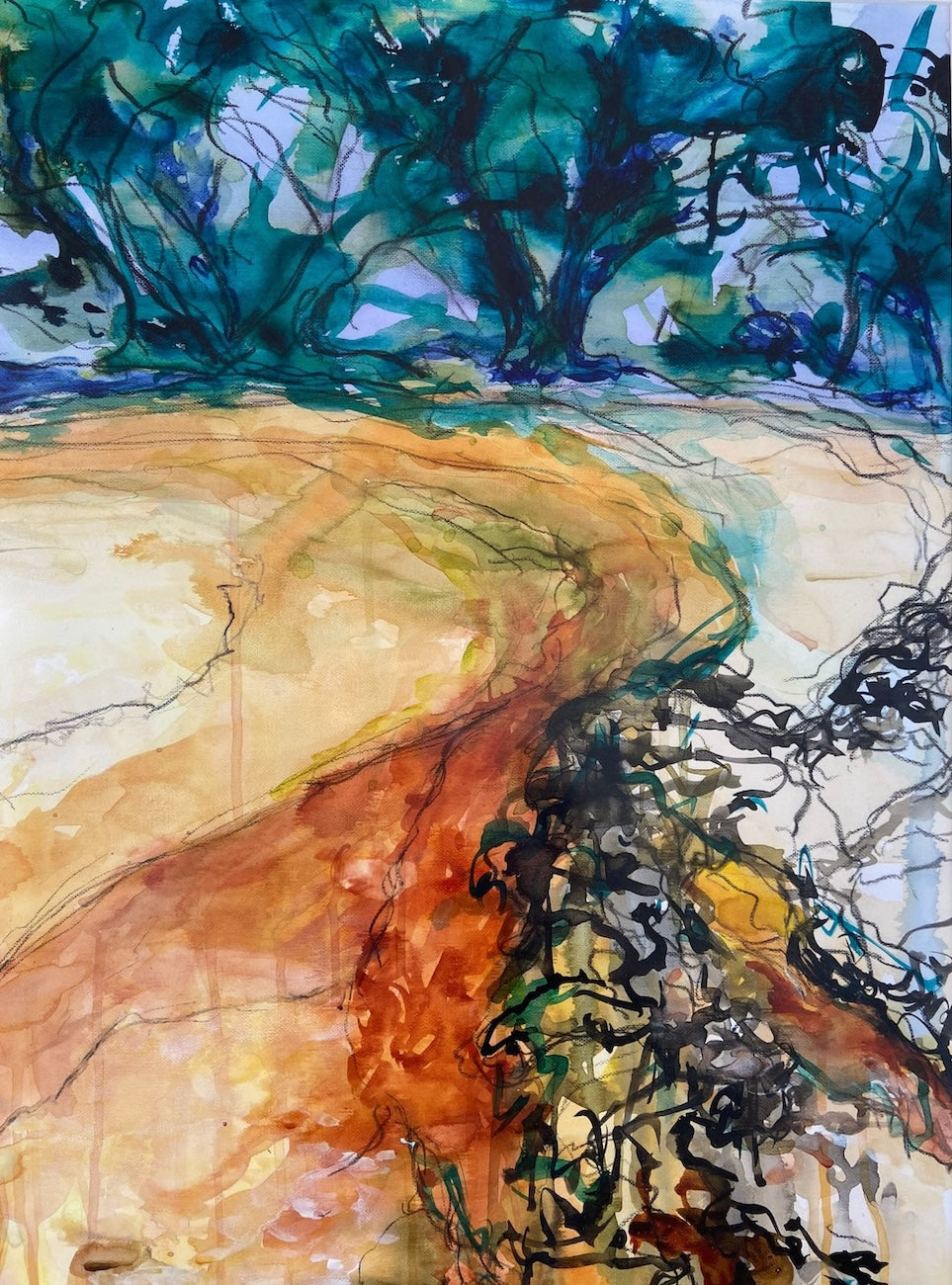 Green patch beach painted in an abstract style with trees and coastal foliage on the edge of the beach.
