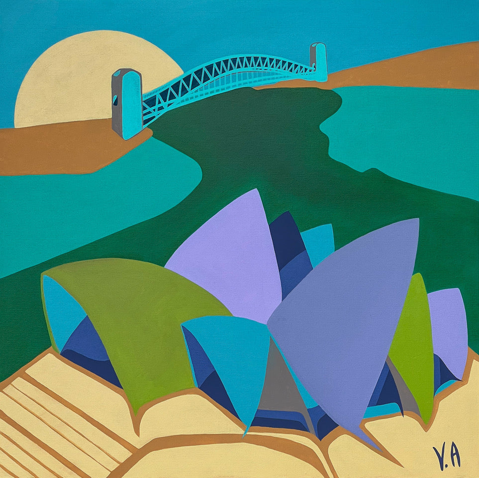 The Sydney Opera House and the Sydney Harbour Bridge in a multicoloured stylised painting.