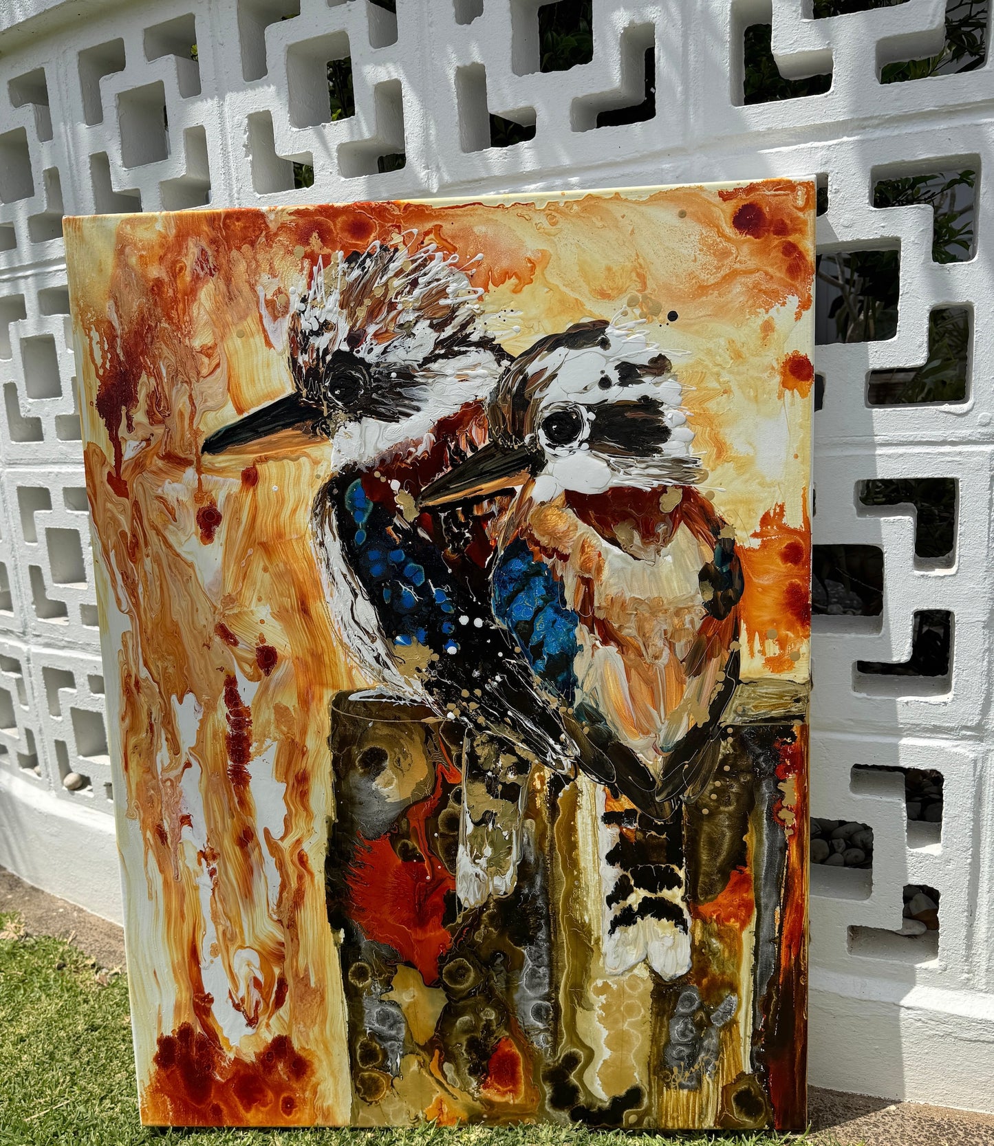 Kerry Bruce,  Kookaburra's on the Block, Acrylic on Canvas-Oak Float Frame