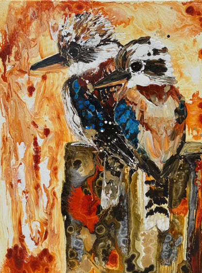 Kerry Bruce,  Kookaburra's on the Block, Acrylic on Canvas-Oak Float Frame