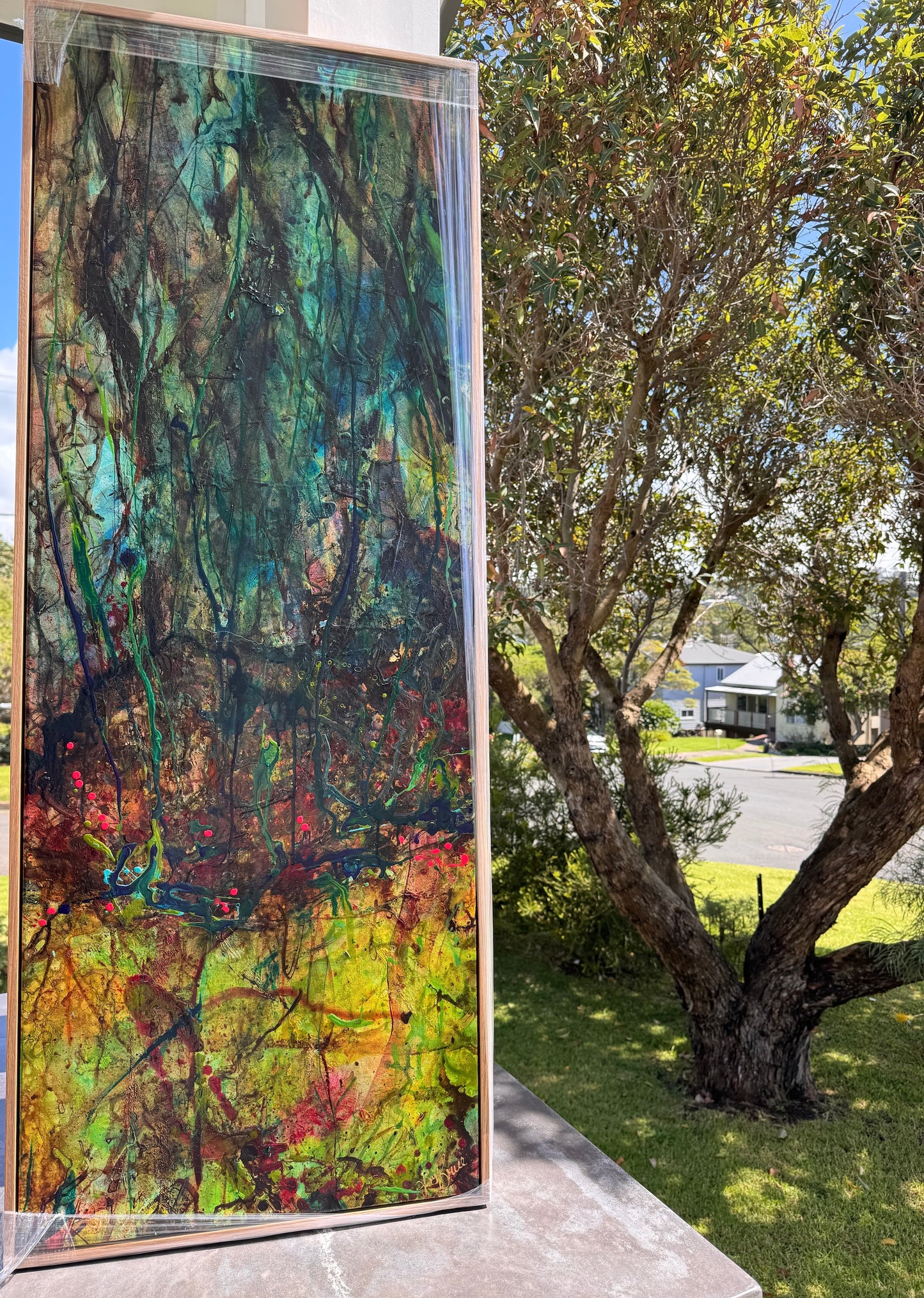 Kerry Bruce,  Misty Morning, Acrylic on Canvas - Oak Float Frame