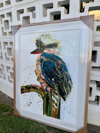 Kerry Bruce, Jack Kookaburra, Acrylic on 500gsm Art Paper - Oak Frame