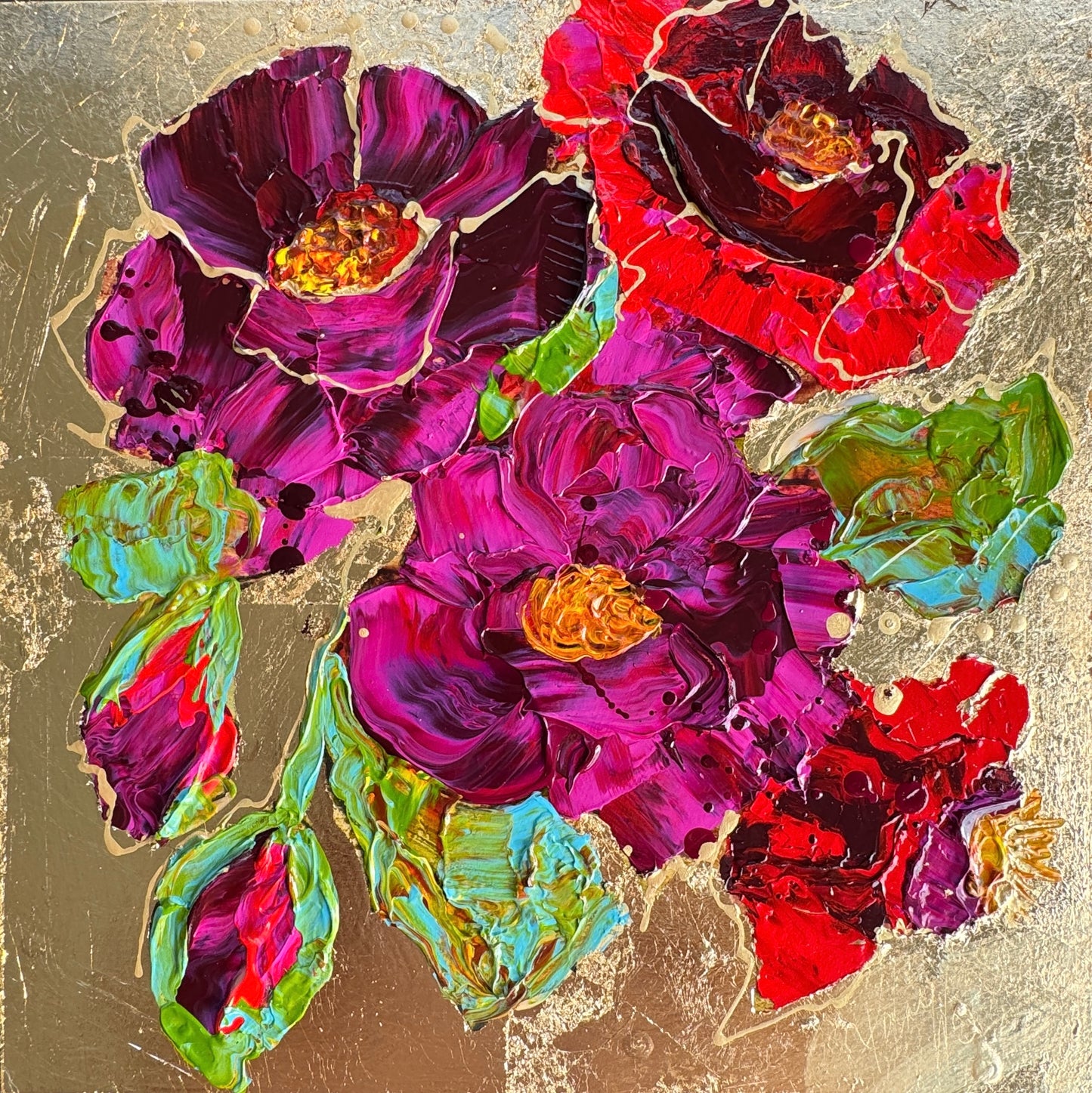 Kerry Bruce, Royal Peony, Acrylic on Board with gold leaf