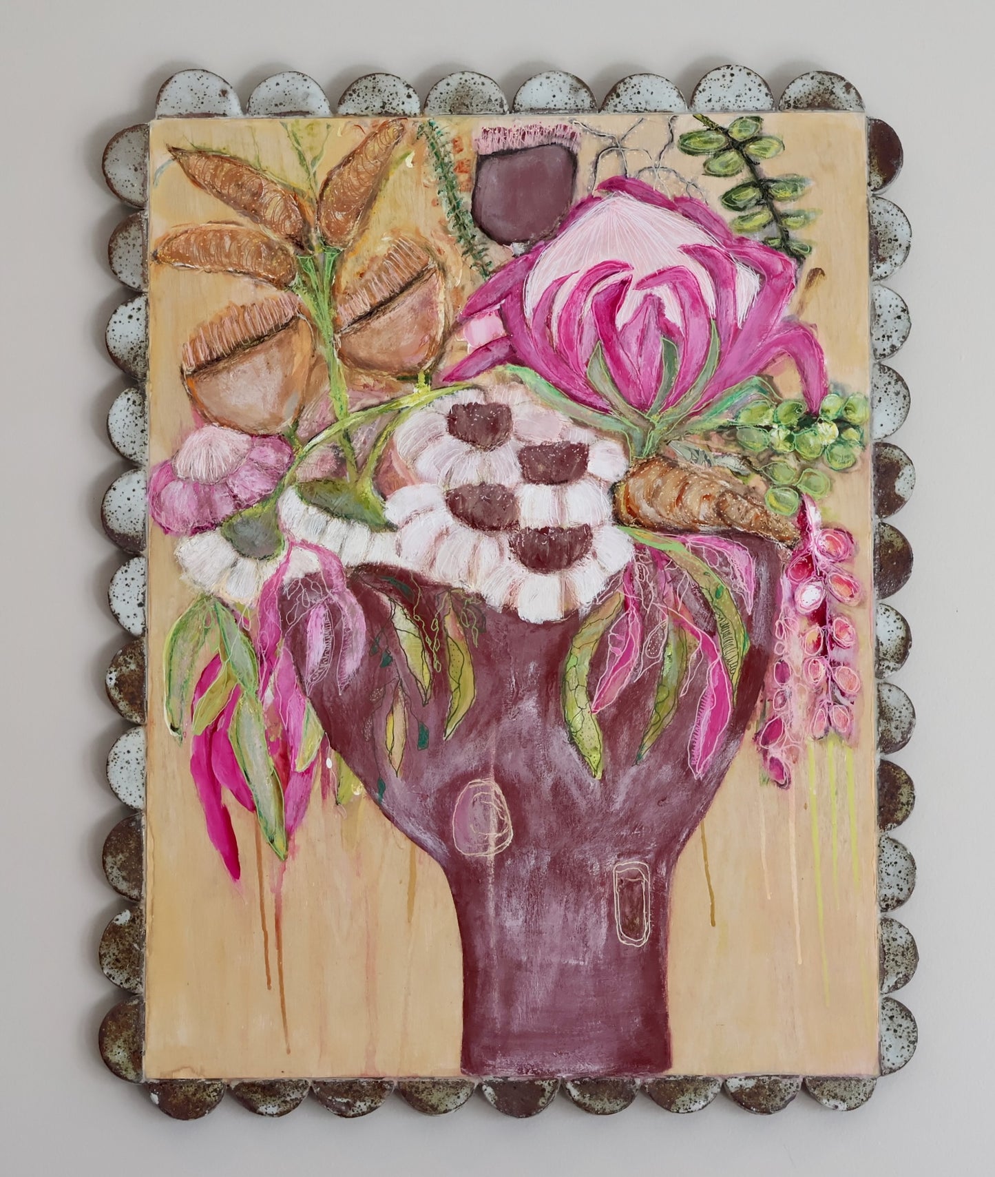 Shellie Christian, Drawn in Nature, Mixed Media on Board -handmade ceramic frame