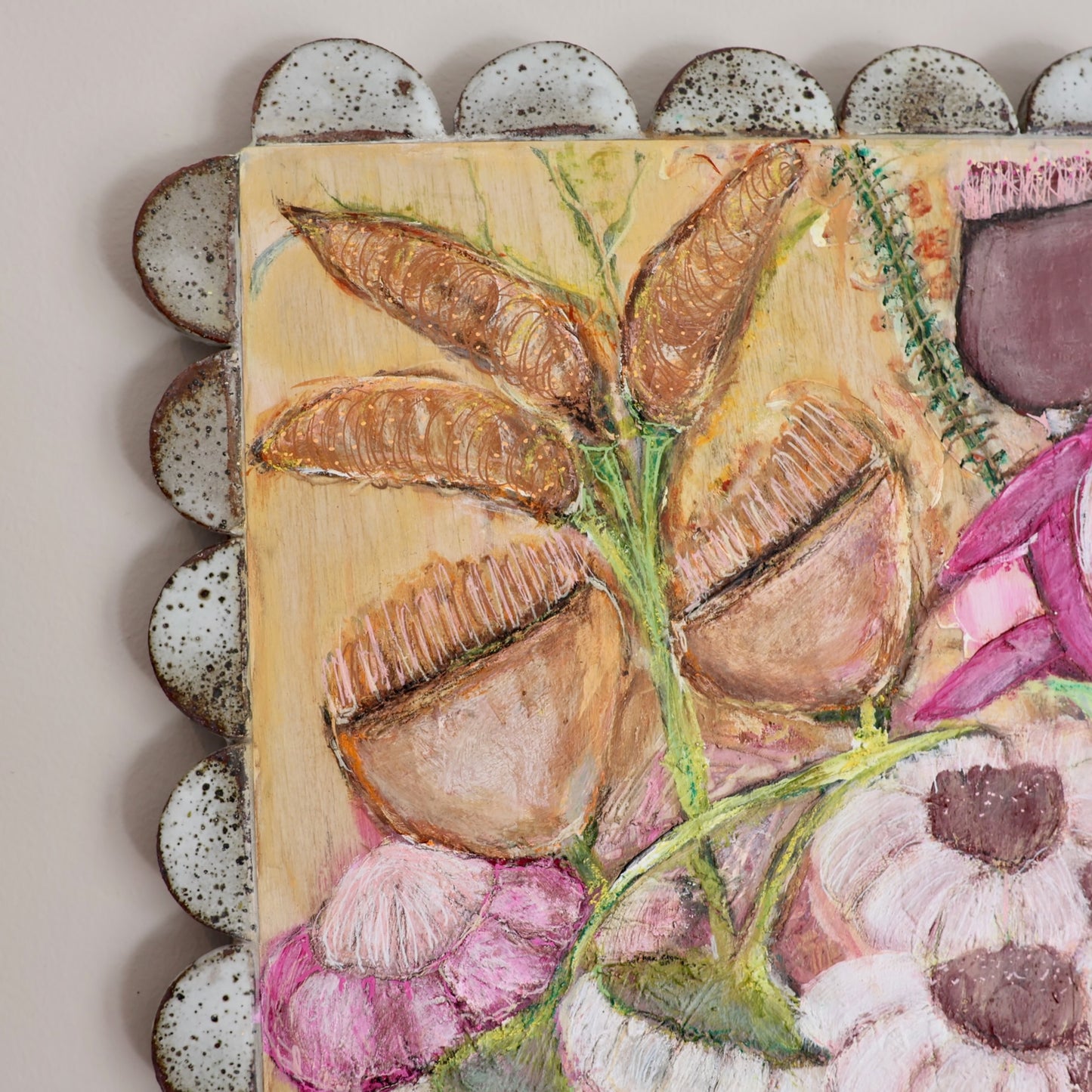 Shellie Christian, Drawn in Nature, Mixed Media on Board -handmade ceramic frame