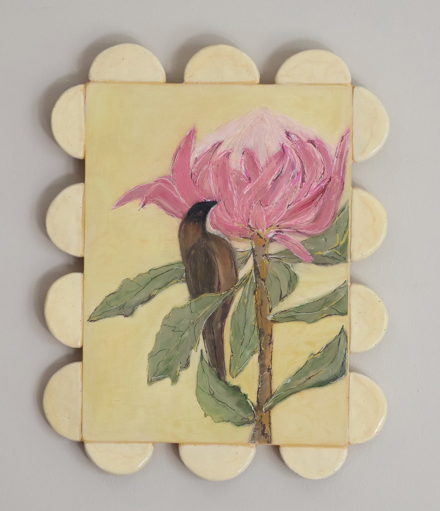Shellie Christian, Bloom and Birdsong, Mixed Media on Board -handmade ceramic frame