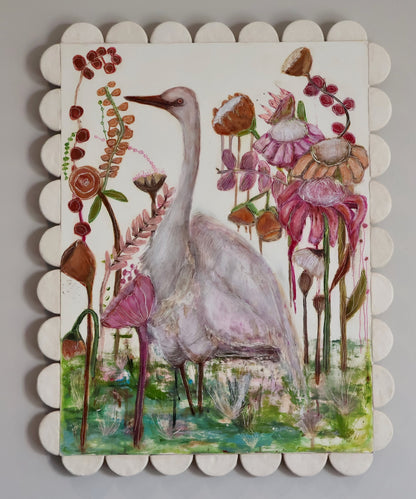 Shellie Christian, Where the Wild Things Bloom, Mixed Media on Board -handmade ceramic frame