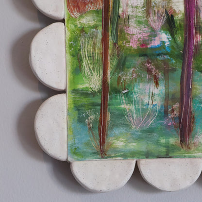 Shellie Christian, Where the Wild Things Bloom, Mixed Media on Board -handmade ceramic frame