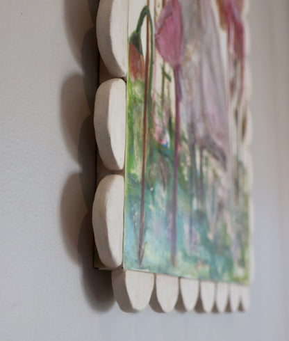 Shellie Christian, Where the Wild Things Bloom, Mixed Media on Board -handmade ceramic frame