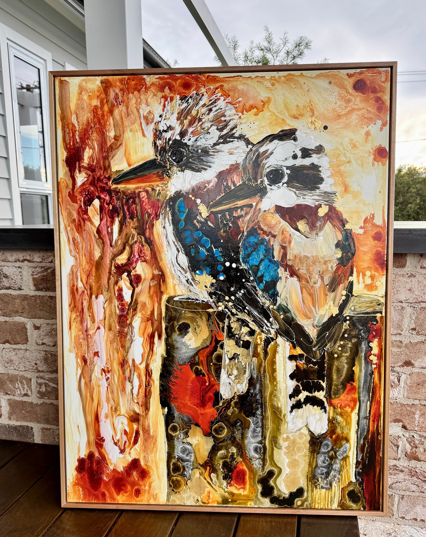Kerry Bruce,  Kookaburra's on the Block, Acrylic on Canvas-Oak Float Frame