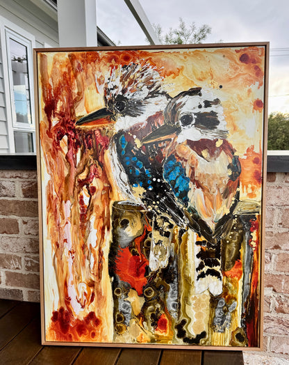 Kerry Bruce,  Kookaburra's on the Block, Acrylic on Canvas-Oak Float Frame