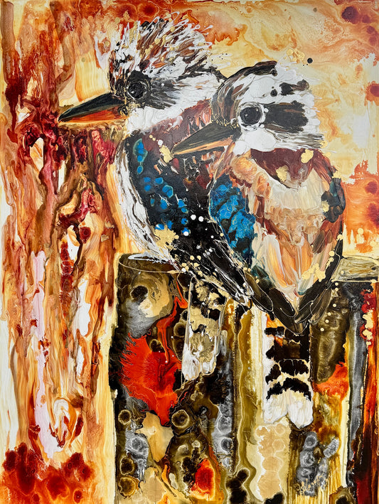Kerry Bruce,  Kookaburra's on the Block, Acrylic on Canvas-Oak Float Frame