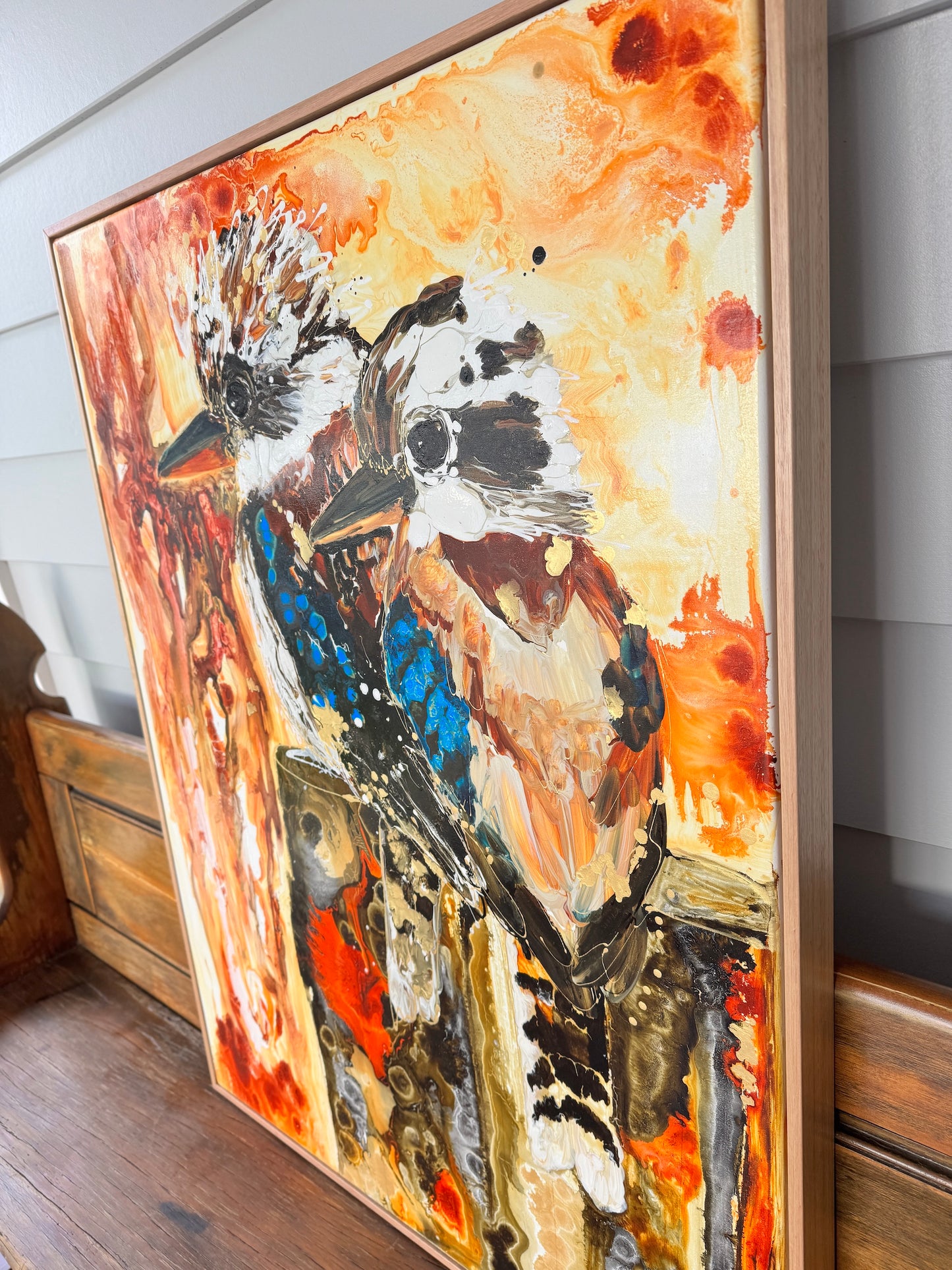 Kerry Bruce,  Kookaburra's on the Block, Acrylic on Canvas-Oak Float Frame