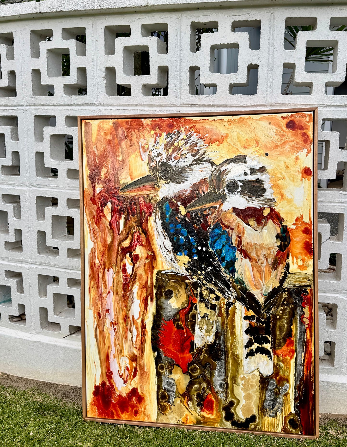 Kerry Bruce,  Kookaburra's on the Block, Acrylic on Canvas-Oak Float Frame