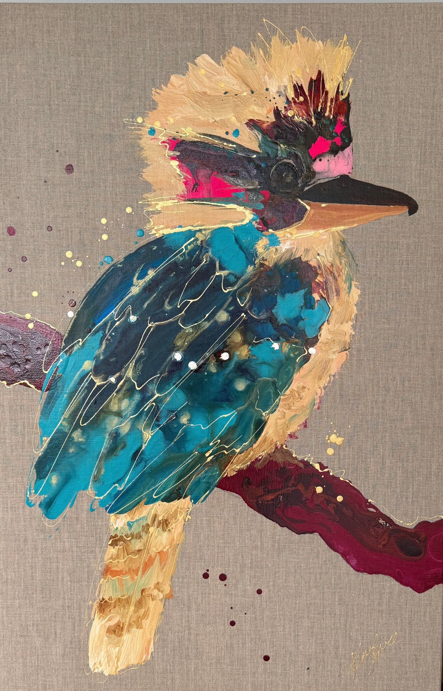 Kerry Bruce,  Queenie Kookaburra, Acrylic on Linen - Oak Float Frame