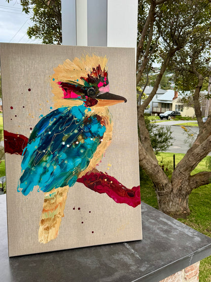 Kerry Bruce,  Queenie Kookaburra, Acrylic on Linen - Oak Float Frame