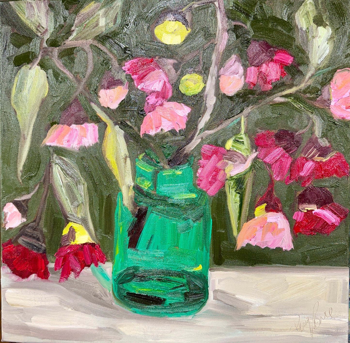 Kerry Bruce, Blossoms in Green Vase, Acrylic on Canvas