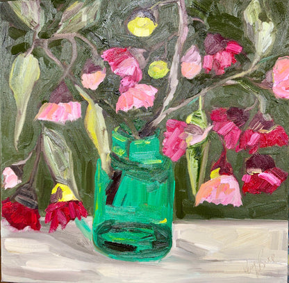 Kerry Bruce, Blossoms in Green Vase, Acrylic on Canvas