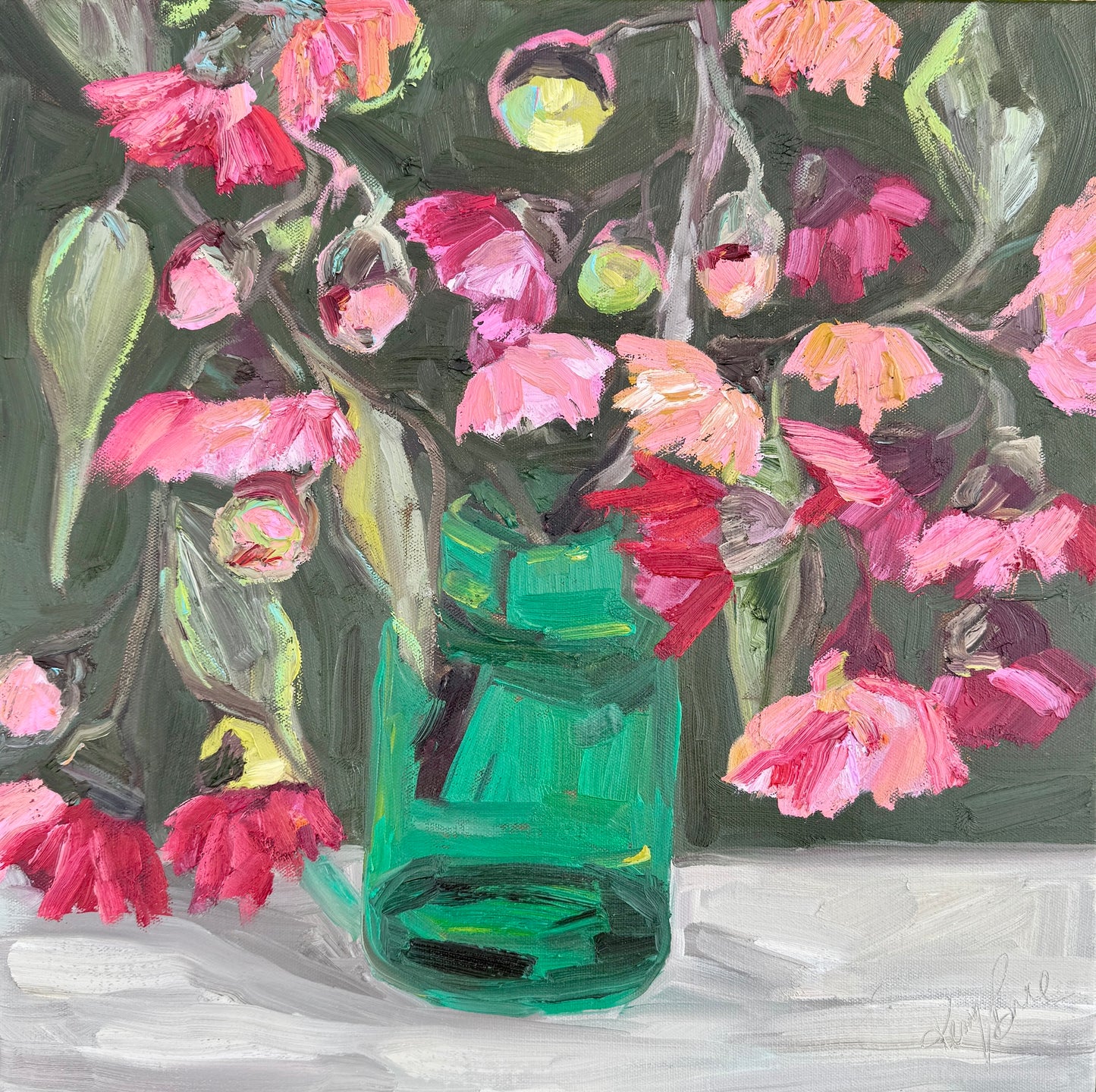 Kerry Bruce, Blossoms in Green Vase, Acrylic on Canvas