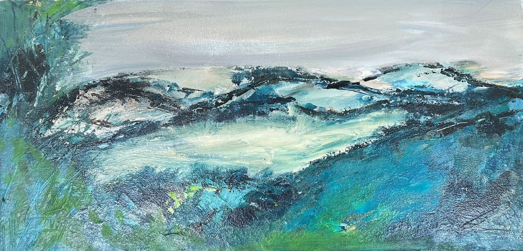 Abstract painting of distant hills in hues of aqua, turquoise, green and grey.